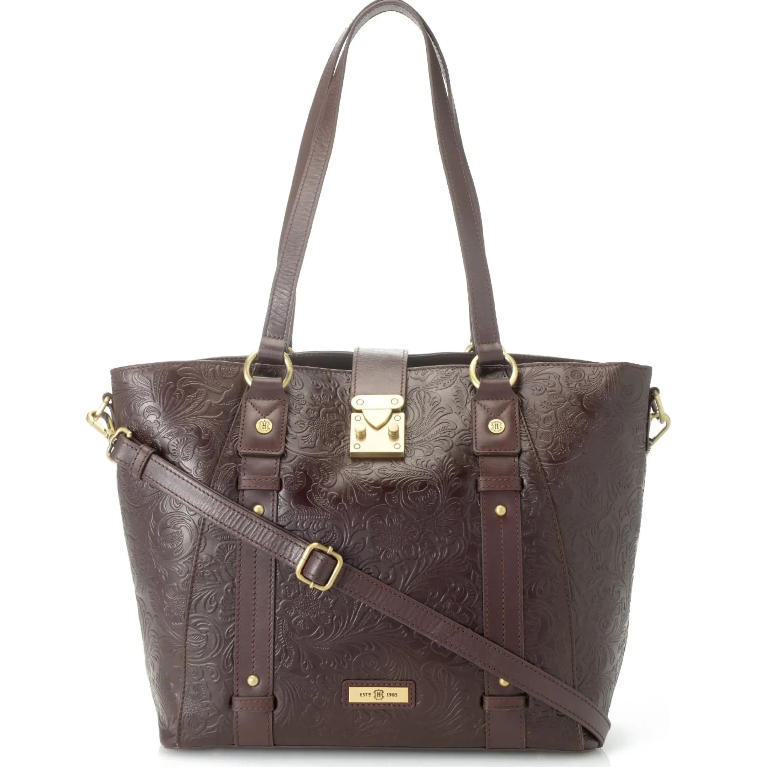 reese-tooled-leather-lock-clos-lrbrlWom-0.webp Clearance J. W. Hulme Co Reese Tooled Leather Lock Closure Tote Bag Brown