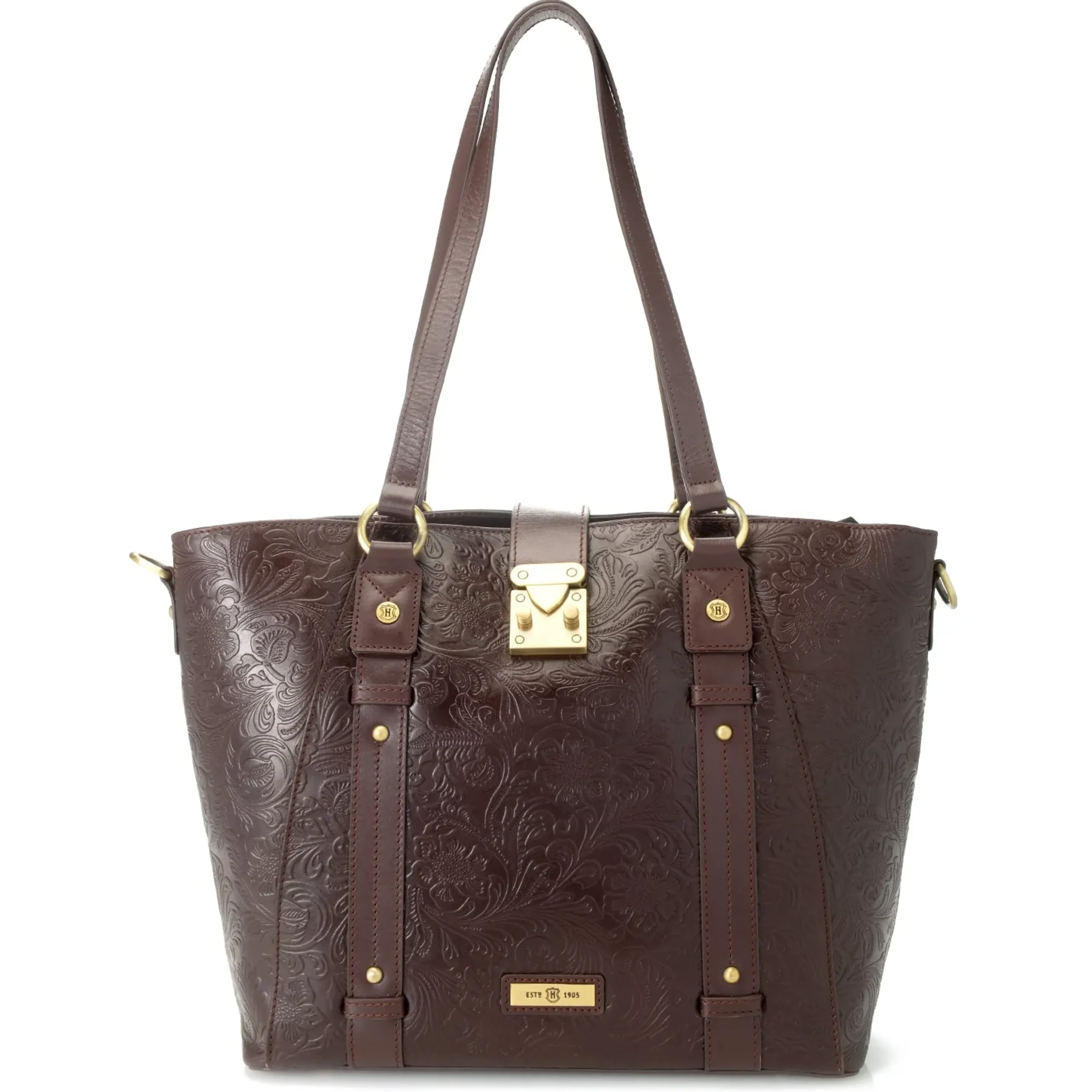 reese-tooled-leather-lock-clos-lrbrlWom-3.webp Clearance J. W. Hulme Co Reese Tooled Leather Lock Closure Tote Bag Brown